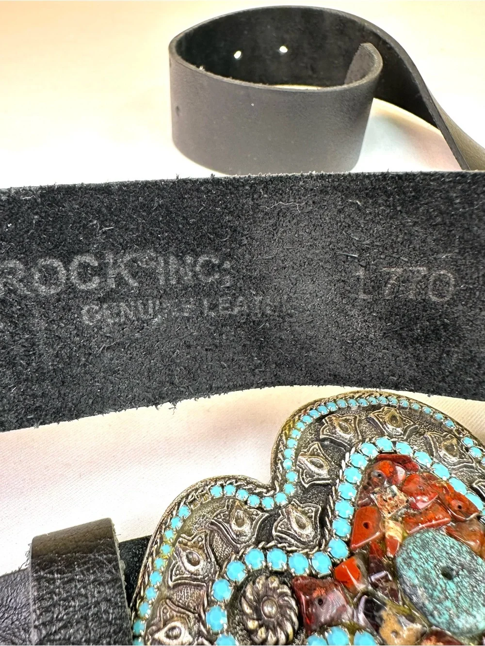 Leatherock Black leather handcrafted artisan buckle turquoise-style cabochons